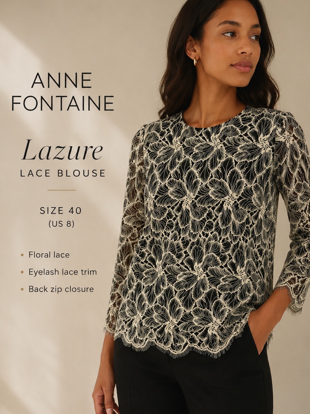 Anne Fontaine Lazure Floral Lace Blouse Top Black Ivory Size 8